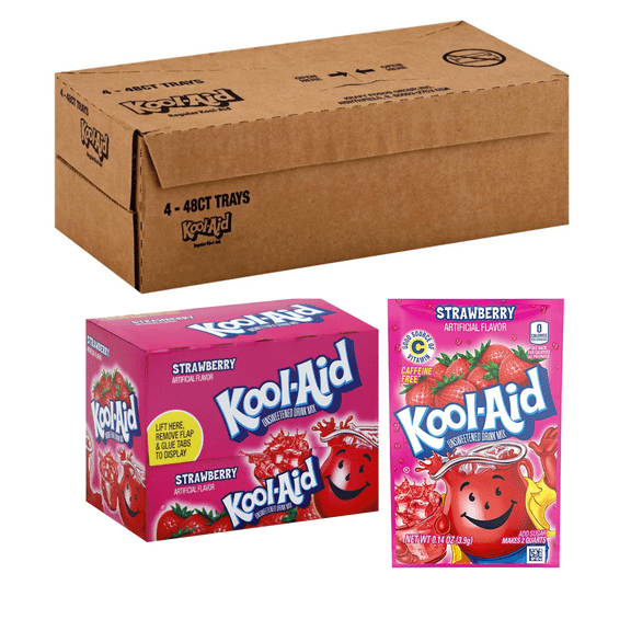 Kraft Kool-Aid Strawberry Beverage Caffeine Free, Unsweetened BULK WHOLESALE 192 PACKETS 4 BOX CASE