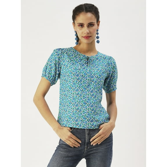 DressBerry Women’s Printed Poly Crepe Top Keyhole Neck with Drawstrings Short Puffed Sleeves Waist Length Regular Wear Light Weighted Casual Summer Top