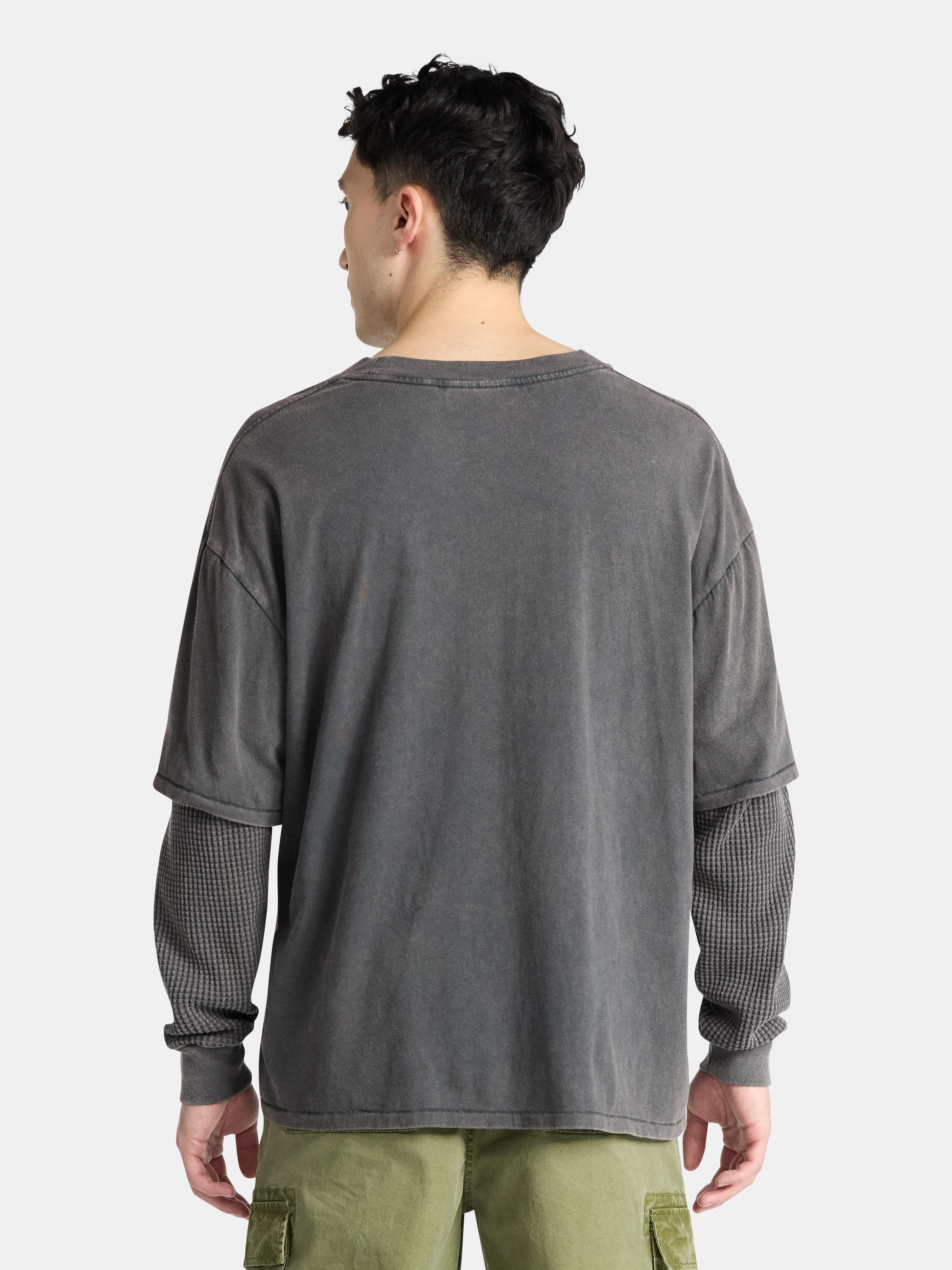No Boundaries Cotton Washed Tee with Layered Long Sleeves, Men's & Big Men's