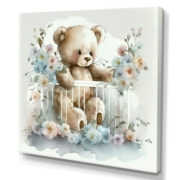 Designart Teddy Bear In Crib With Flowers II Canvas Wall Art