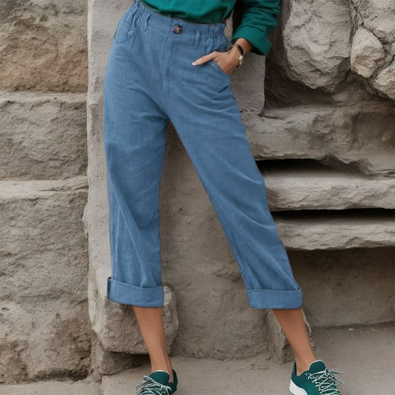 Lroveb Womens Linen Pants, High Waisted Summer Beach Lounge Pants, Cotton Pants Drawstring Back Elastic Casual Trousers Dark Blue