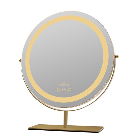 Impressions Vanity Aura Tri Tone Round Makeup Mirror with Lights and Standing Base(Champagne Gold)