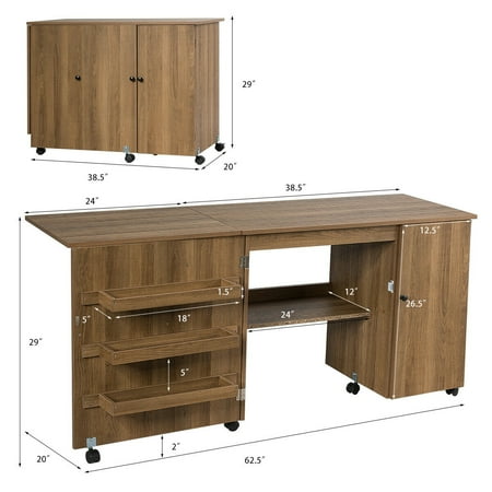 sewing cabinet storage table craft wheels shelves folding natural cart costway gymax