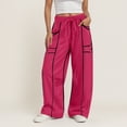 thumbnail image 2 of felwors Women Casual Fashion Solid Color Splicing Loose Casual Summer Wide Leg Pants Drawstring Waist Casual Pants With Pockets Hot Pink, L, 2 of 5