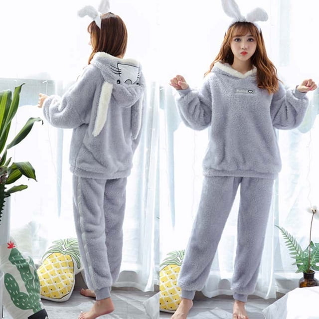 Pijamas de franela de manga larga para mujer de otoño e invierno, lindos pijamas de felpa de estilo coreano, conjunto de ropa para el hogar de vellón coral de invierno grueso