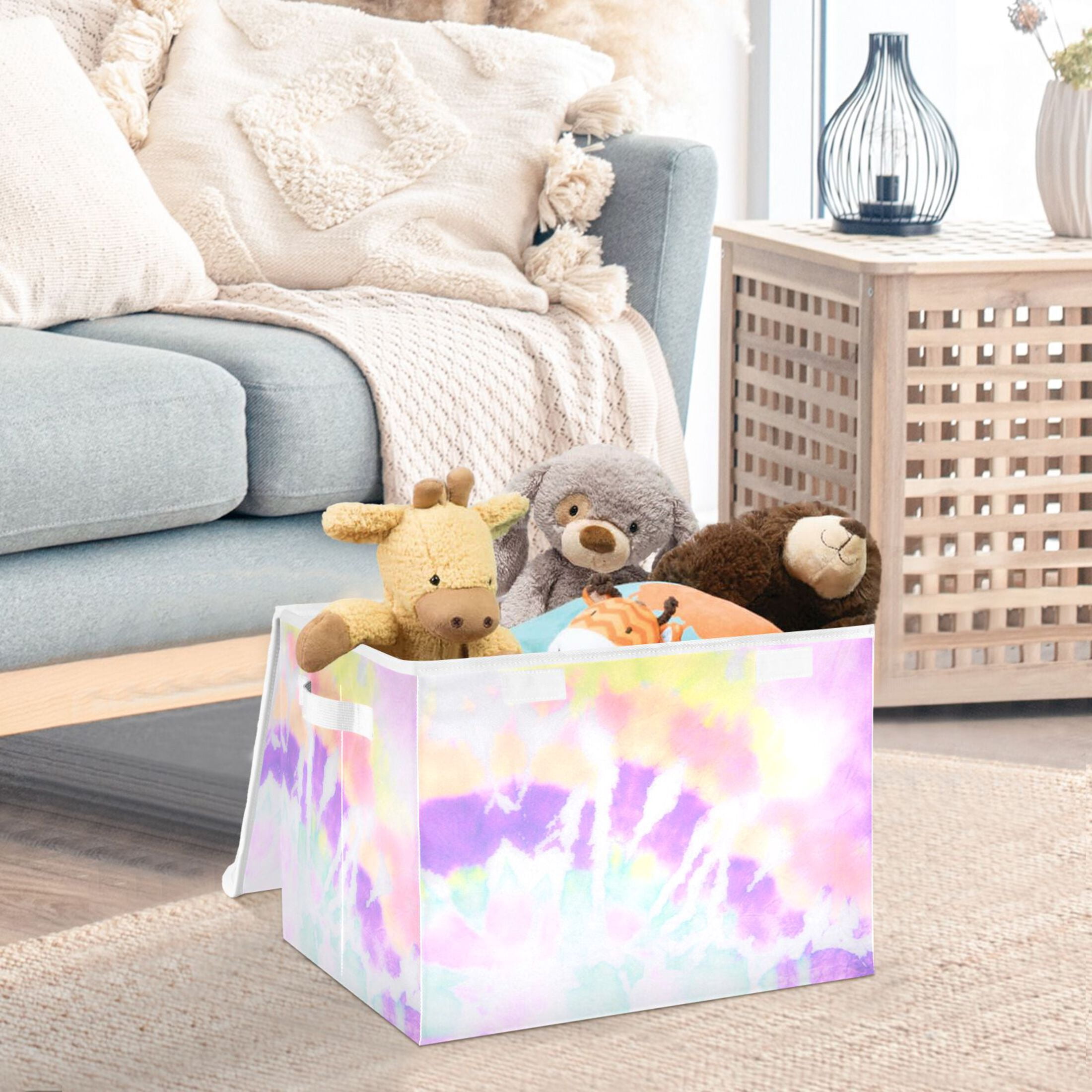 Lavender Spiral Tie-dye Large Lidded Storage Bin Foldable Storage Boxes Cubes Baskets Lids with 2 Handles for Home Bedroom Office 16.5x12.6x11.8inch