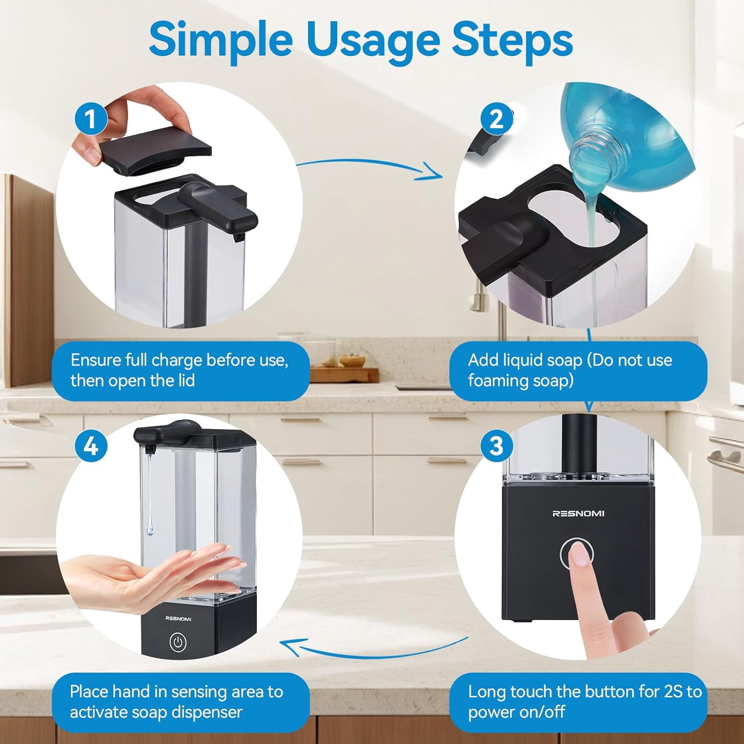 Automatic Soap Dispenser Touchless, Soap Dispenser Bathroom, Large Transparent Reservoir&Wall Mount, Type-C Rechargeable&3-Level Adjustable, Water-Resistant, Kitchen, Hotel, and School, Black