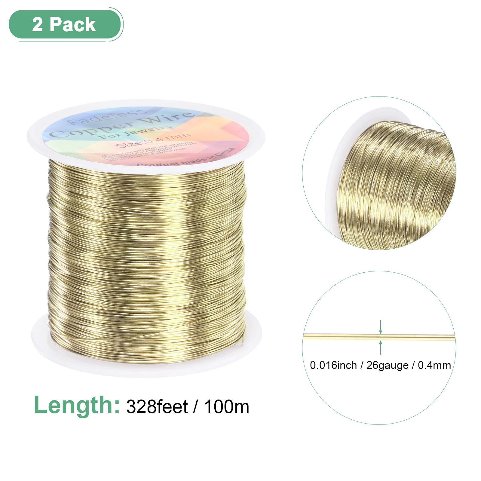 Uxcell 2 Rolls 0.4mm Jewelry Wire 26 Gauge 328FT Copper Beading Wire Jewelry Making Planting Weaving DIY 100M Light Golden