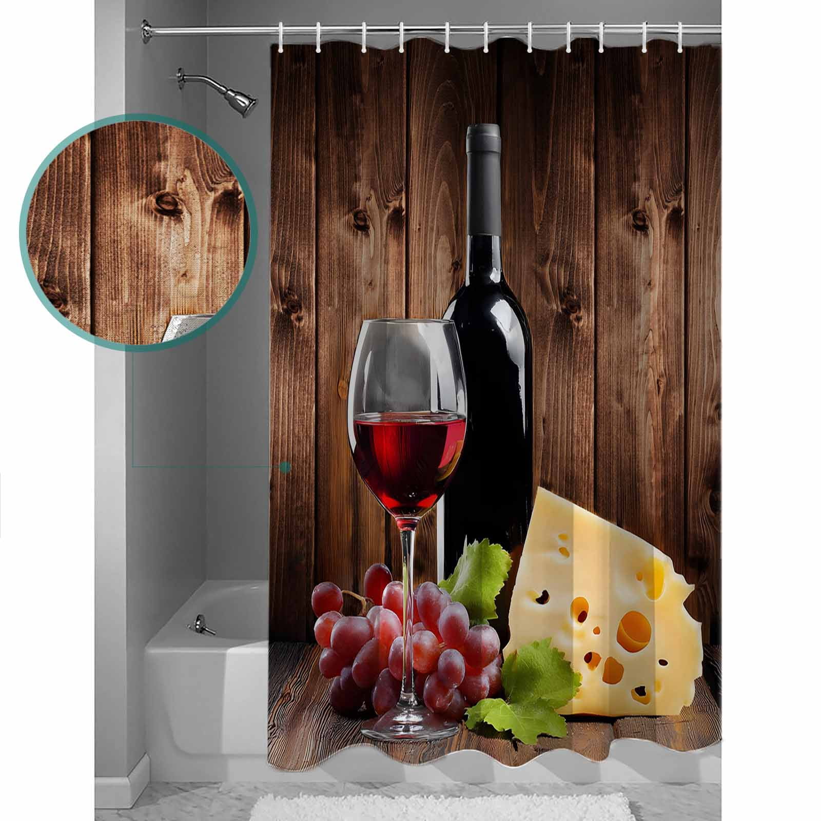 Shower Curtain Bathroom Set Farm Red Wine Grape Vintage Wood Board Waterproof Fabric Shower Curtains with Grommets&Hooks Cheese Fruit Wine Glass Privacy Bath Curtain for Bathtub 72x72in
