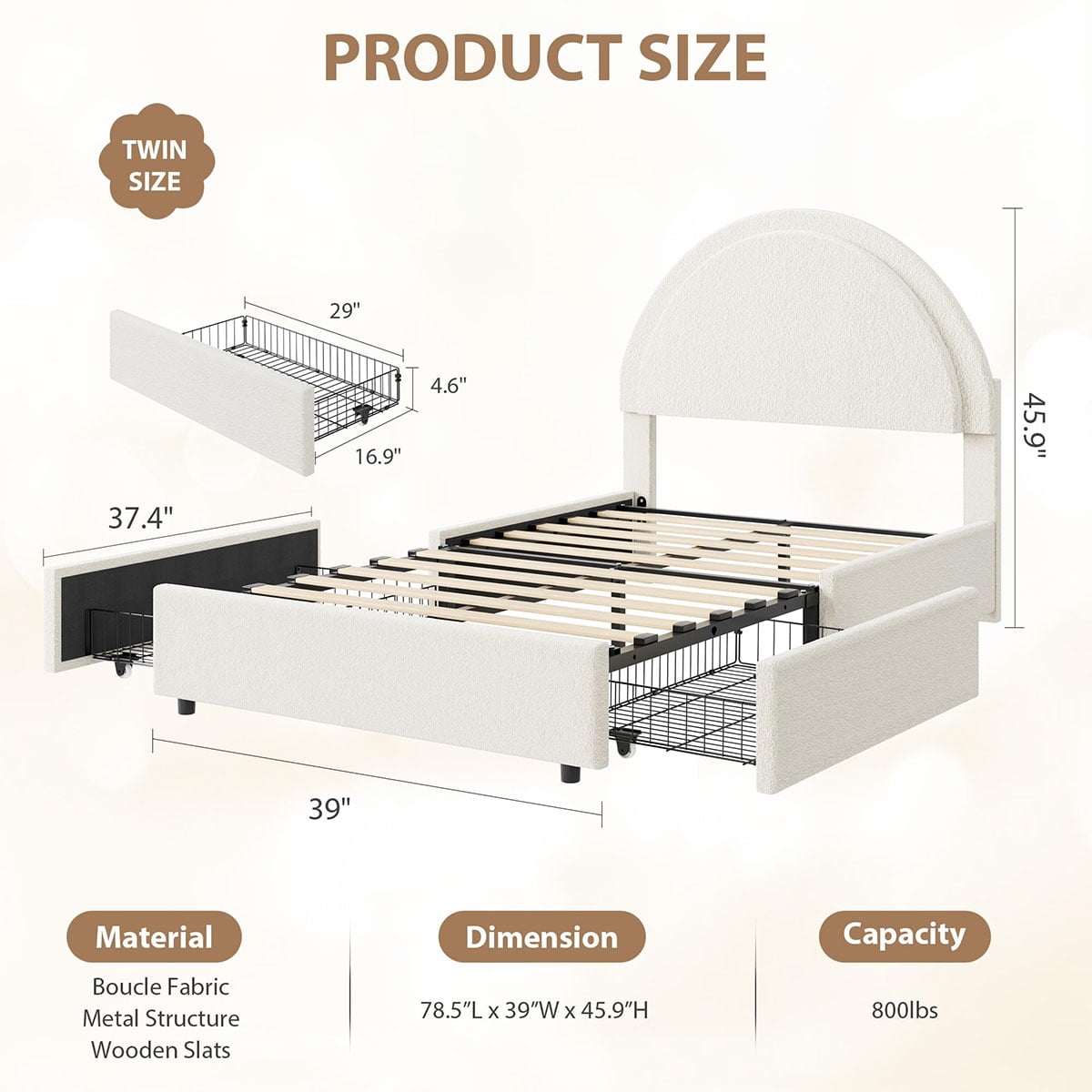 Danolapsi Queen Size Bed Frame with Storage Drawers, Upholstered Boucle Platform Bed with Round Headboard, Heavy Duty & Noise Free, No Box Spring Needed