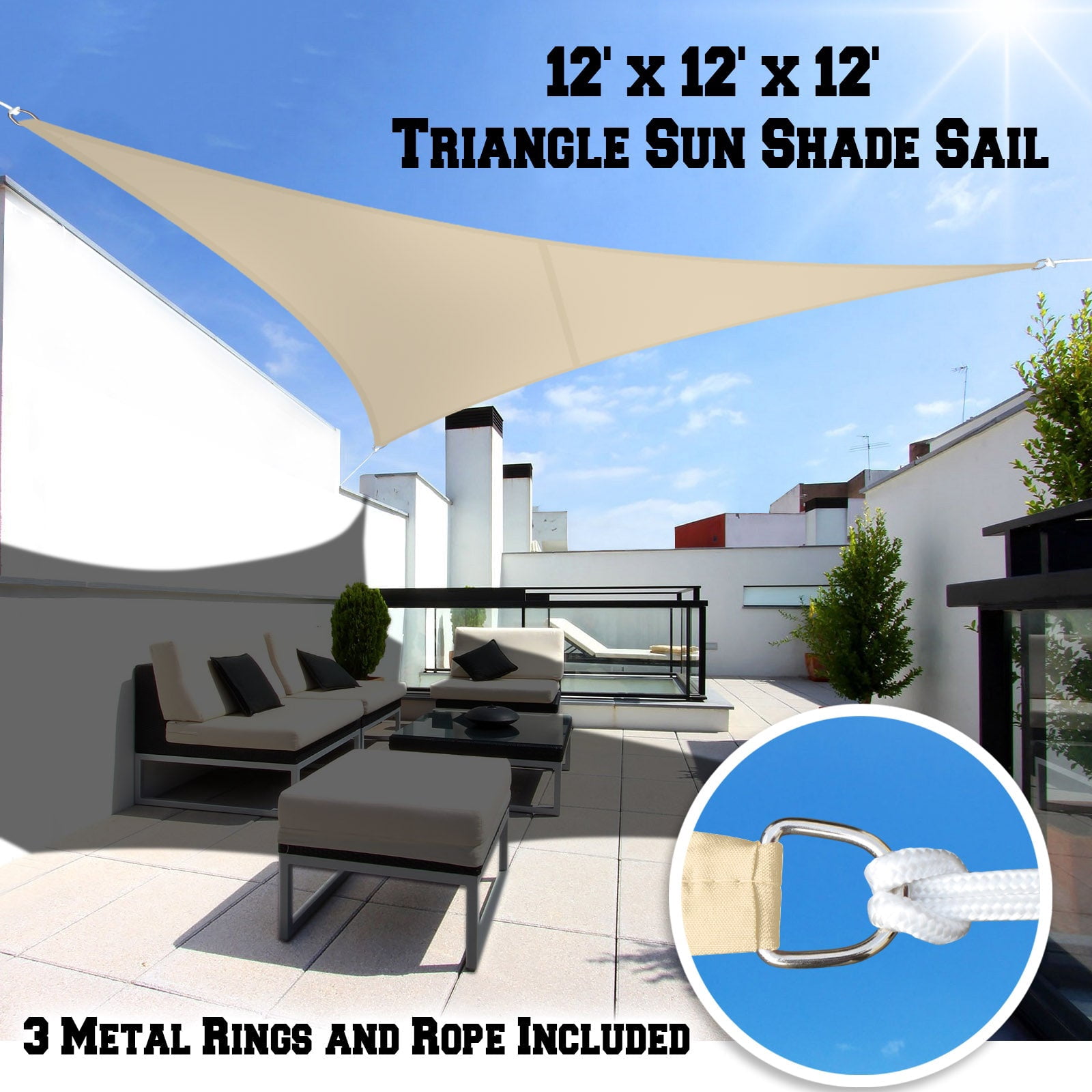 15' Sun Shade Sail UV Top Cover Canopy Triangle for Outdoor Patio Lawn Pool Deck