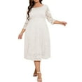 thumbnail image 4 of Vestido de noche de talla grande para mujer, falda de longitud media con manga 2/3 de encaje floral vintage, vestido con bolsillo de encaje ahuecado blanco, 4 of 5