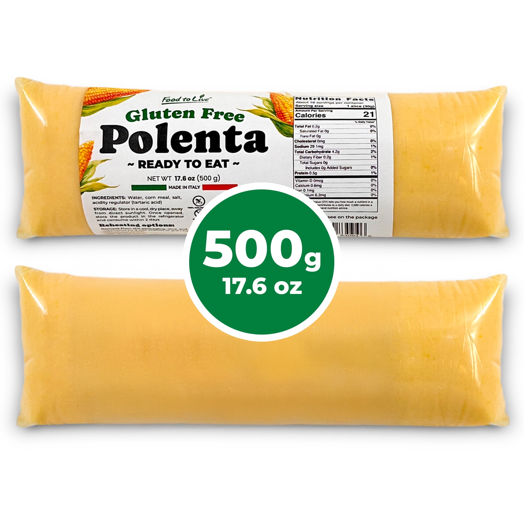 Food To Live Gluten-Free Polenta Ready To Eat, 17.6oz (500g) – Traditional Italian Pre-cooked Yellow Cornmeal, Vegan (Pack of 12)