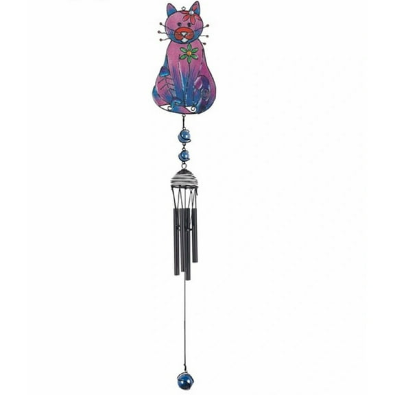 FC Design 30" Long Purple Cat with Fish Bone Black Gem Wind Chime