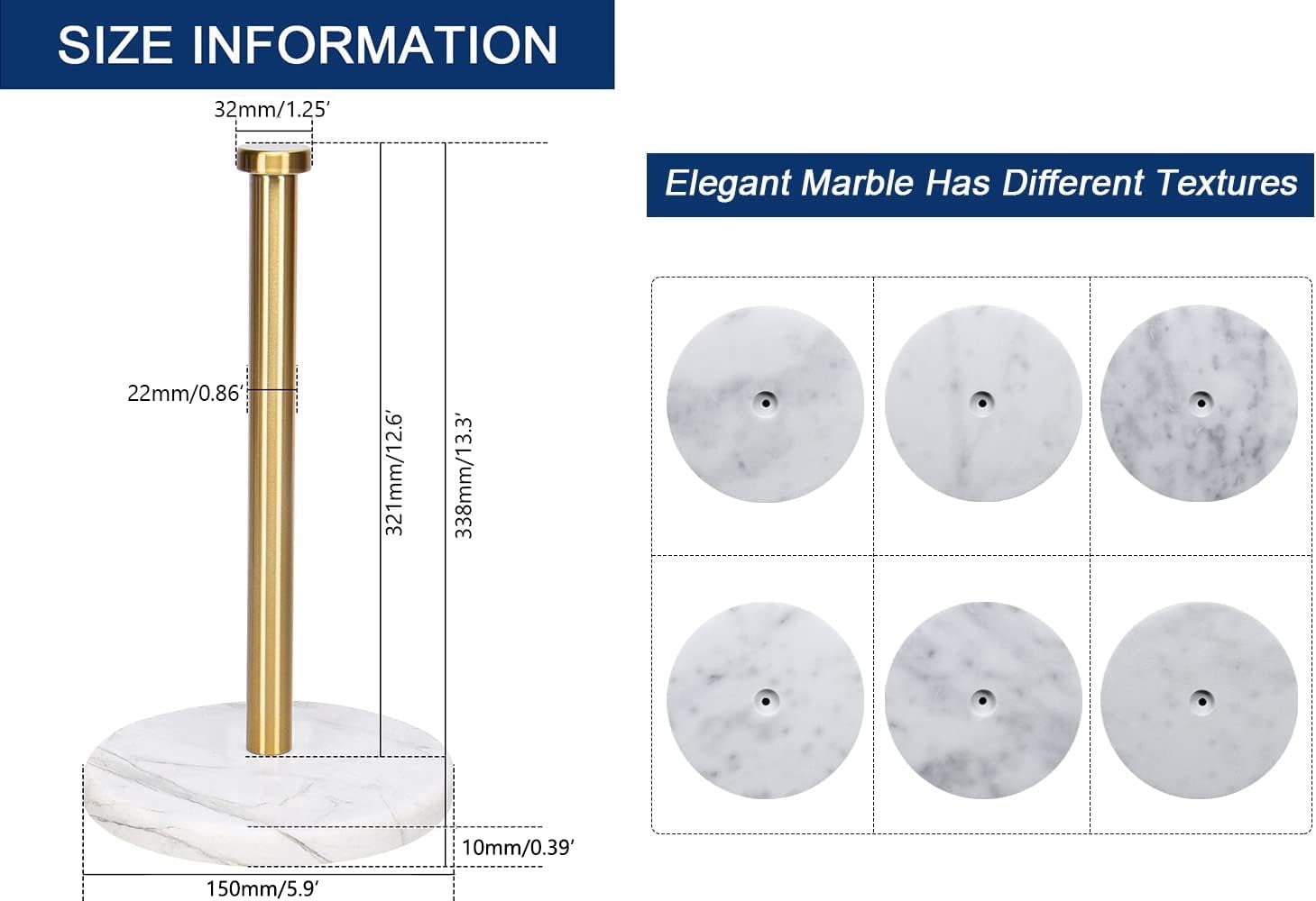 Standing Paper Towel Holder  Kitchen Tissue Holder- For Bathroom Countertop Standard Or Jumbo-sized Roll (with Marble Base Brushed Gold)