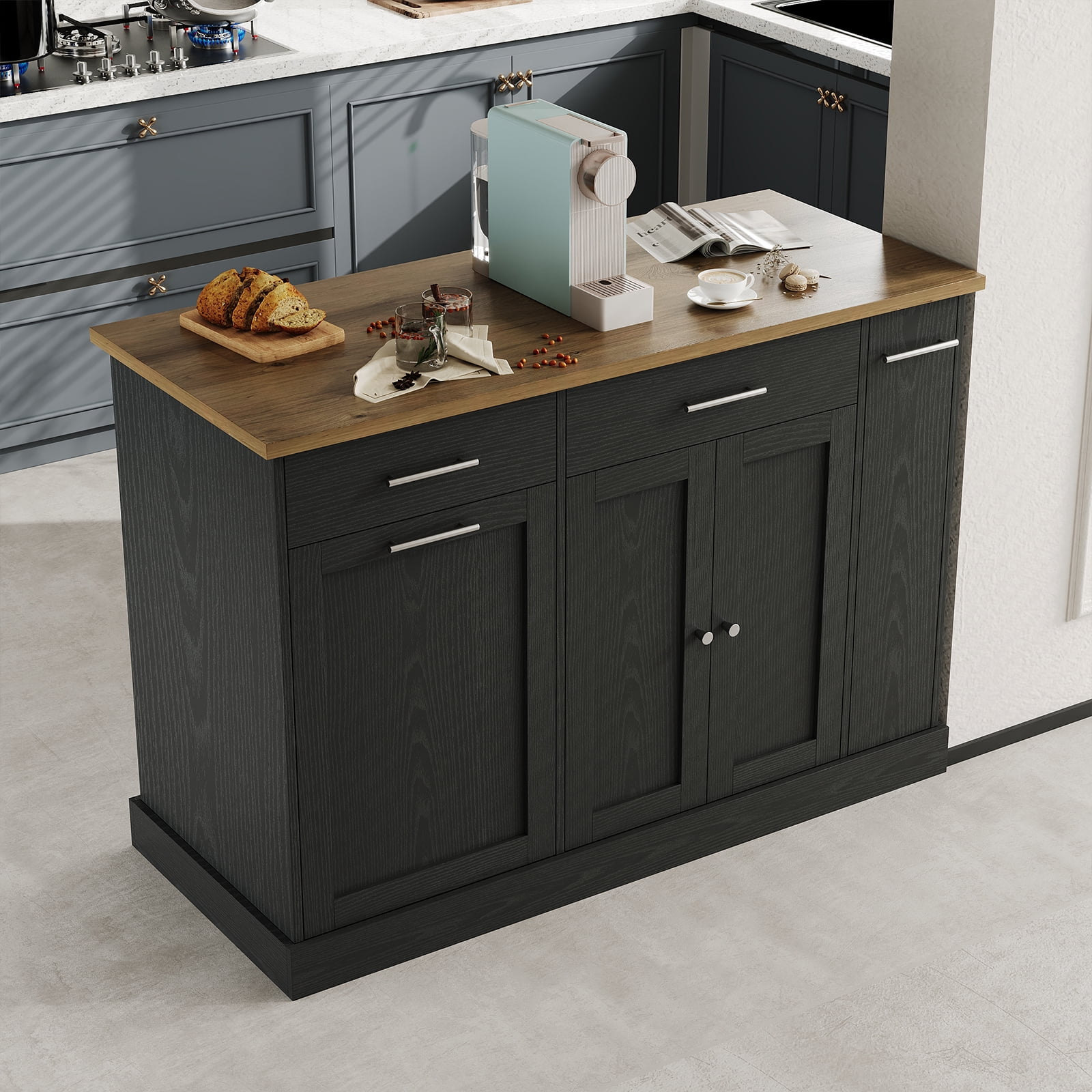 4 EVER WINNER Rolling Kitchen Island on Wheels, Mobile Kitchen Cart with Trash Can Storage, Spice Rack & Towel Rack, Kitchen Island Table with Storage, Easy-Move Kitchen Storage Island, Black