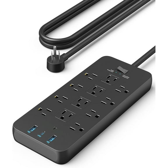Surge Protector Power Strip (2100J), 12 Outlets with 1 USB C and 2 USB Ports , Extension Cord, Flat Plug, 20W USB C Charging for Home, Office,TUV Listed