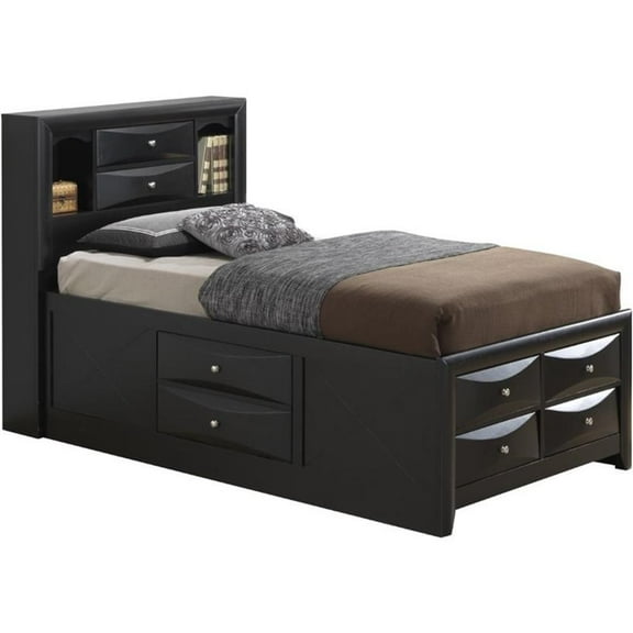 Maklaine Wood Twin Bookcase Storage Bed with Open Shelves & Drawers in Black