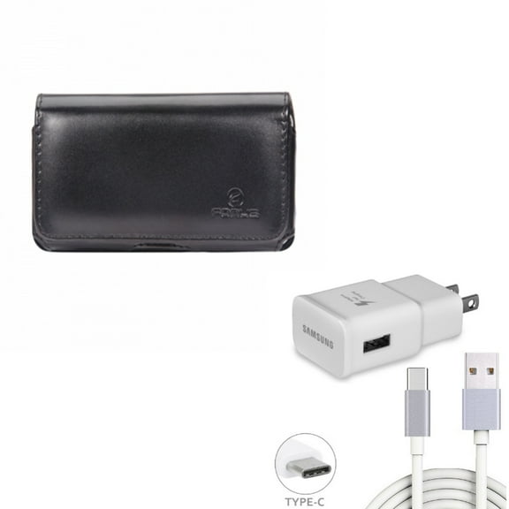 Black Horizontal Leather Case w Adaptive Fast Charger Home Adapter 6ft Long Type-C USB Cable Wire V3K for Motorola Moto G7 Power - Nokia 3.1 Plus - Samsung Galaxy S8 , Note9 Note8