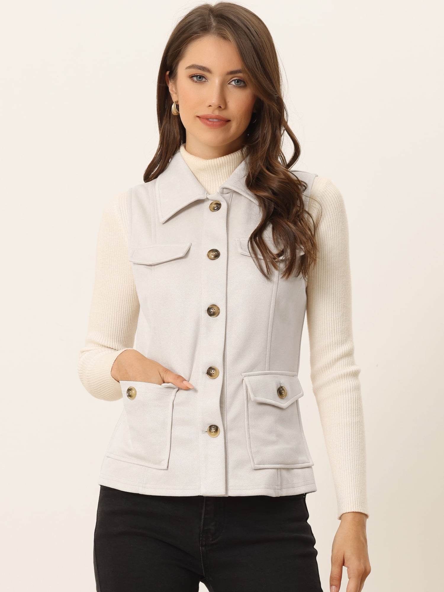 DARING DIVA Women's Rustic Button Up Utility Anorak Cargo Vest L Beige