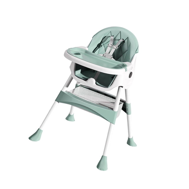 trona para bebé, trona plegable, silla de alimentación ergonómica, silla de comedor infantil para estudio de juegos verde trona plegable verde con estructura blanca en vista frontal 3/4; asiento ergonómico con cojín de PU verde y respaldo curvo, arnés de cinco puntos visible; bandeja desmontable de doble capa con portavasos, reposapiés y patas con topes antideslizantes; altura ajustable en dos posiciones, uso multifuncional para comer, estudiar o jugar.