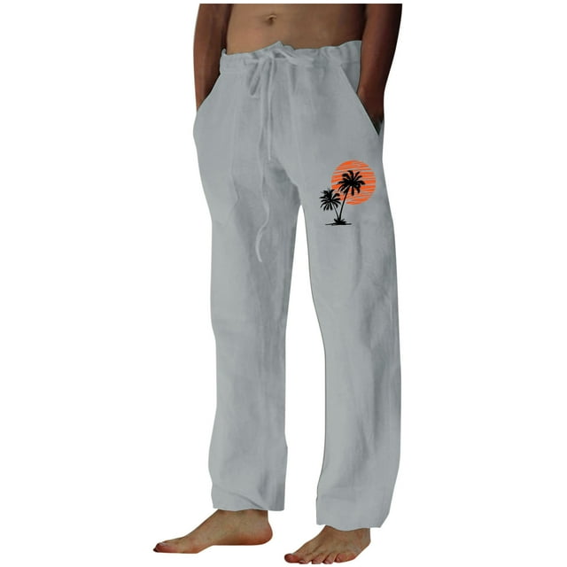 Penkiiy Mens Linen Drawstring Pants Elastic Waist Lightweight Trouser Loose Plus Size Trouser Fashion Beach Pockets Pant M Gray
