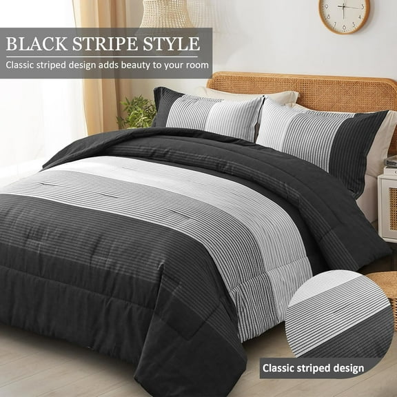 Black Comforter Set Full, Reversible Black Grey Stripe Down Alternative Comforter for All Season,3 Pieces(1 Patchwork Comforter 2 Pillowcases), Soft Microfiber Bedding Set 78”×90”