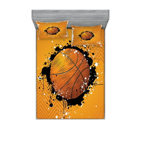 Ambesonne Orange Fitted Sheet & Pillow Sham Set, Basketball Splash Style, Full, Orange Black