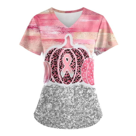 Xfvqtps Scrub Tops for Women Pink Ribbon Breast Cancer Medical Nursing Uniform Comfortable Lightweight Short Sleeved V-neck Working Uniform With Pocket Protective Clothing Pink