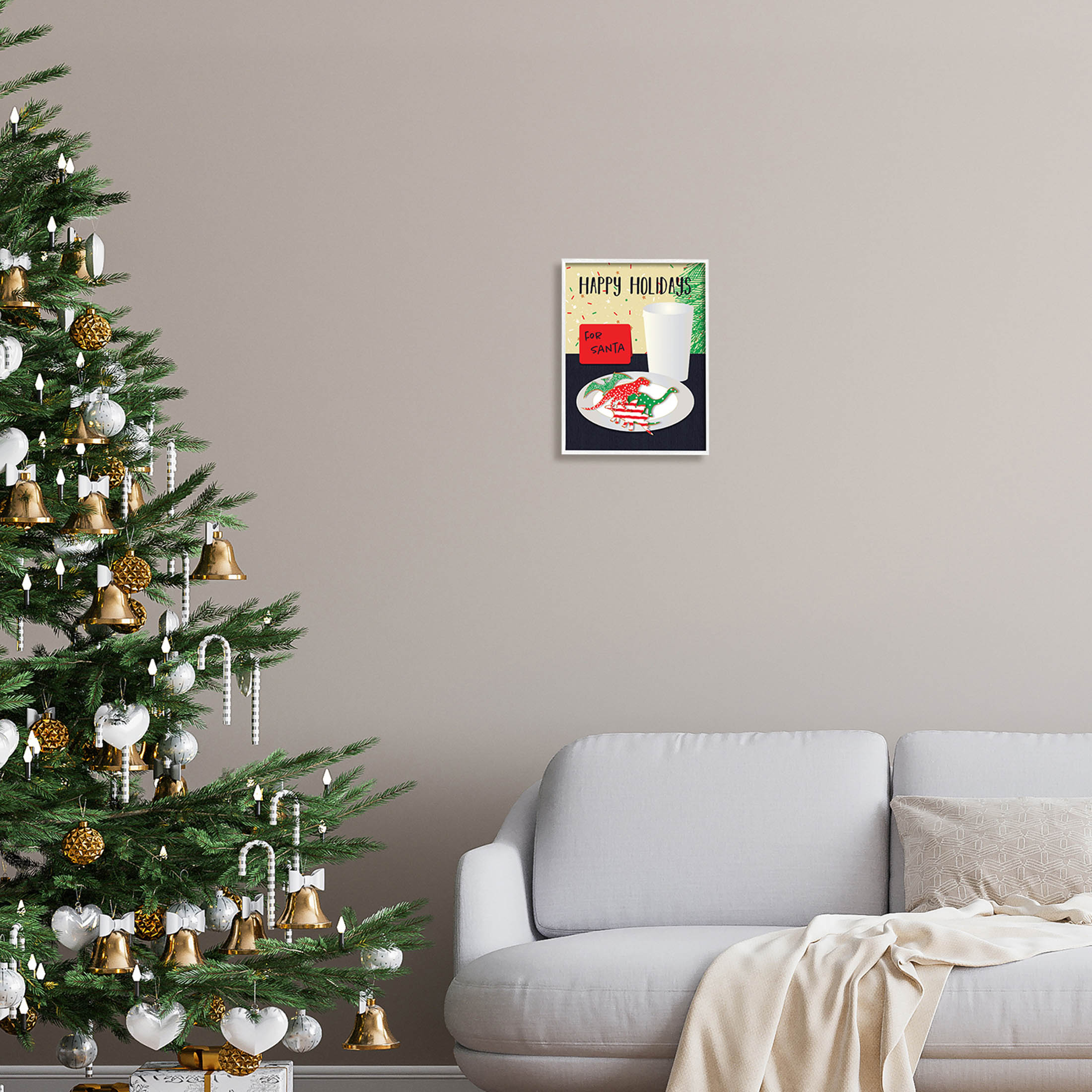 Happy Holidays Dinosaur Santa Cookies Holiday Graphic Art White Framed Art Print Wall Art