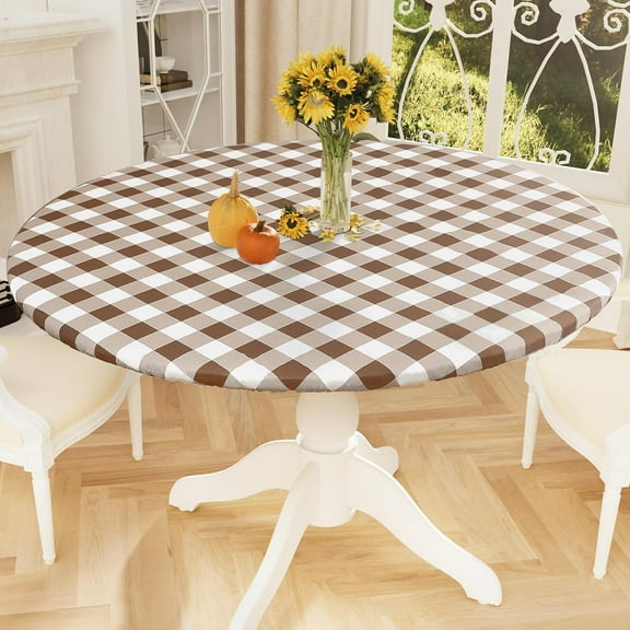 Round Picnic Tablecloth, Elastic Waterproof Fitted Vinyl Tablecloths for 36"-44" Tables, Flannel Backed Buffalo Plaid Table Cover for Dining, Camping, Outdoor, White and Brown