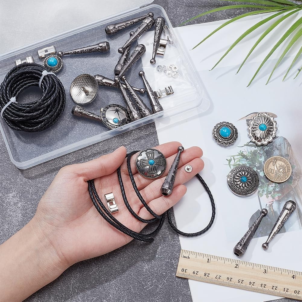 1 Set 28Pcs Bolo Tie Findings Kit Bolo Tie Tips Replacement Kit Bolo Tie Buckle Accessories with 14Pcs Alloy Cord End 7Pcs Bolo Tie Slide Clasps and 7Pcs Alloy Turquoise Buttons for Bolo Tie Making