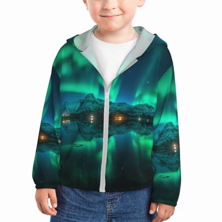 

Ocsxa Northern Lights Print Kids Active Zipper Sun Protection Jacket Boys Girls Hooded Cooling Shirt-4 Years