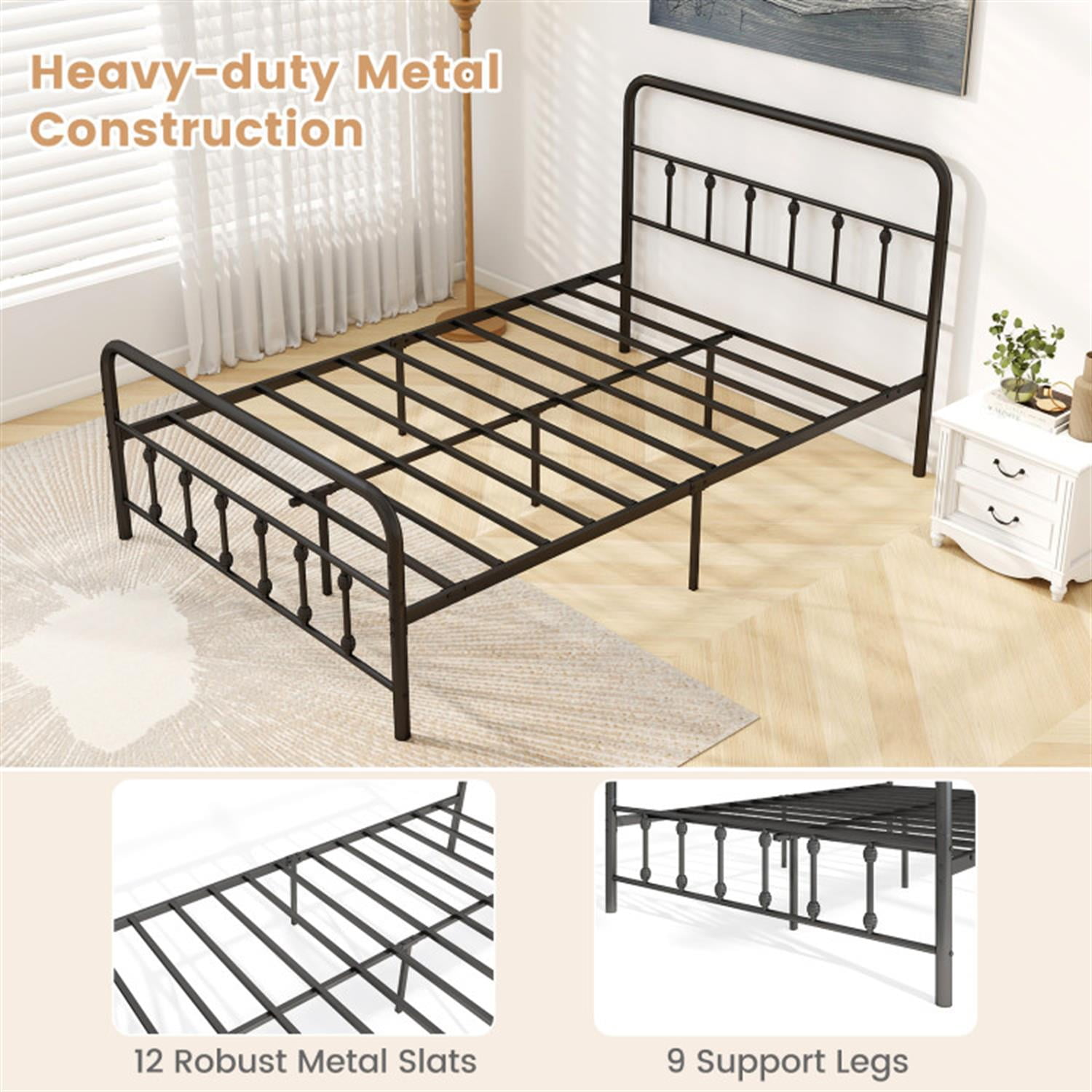 Demi Bonn Full Size Bed Frame with Headboard, Metal Platform Bed Frame with Under Bed Storage, No Box Spring Needed, Black