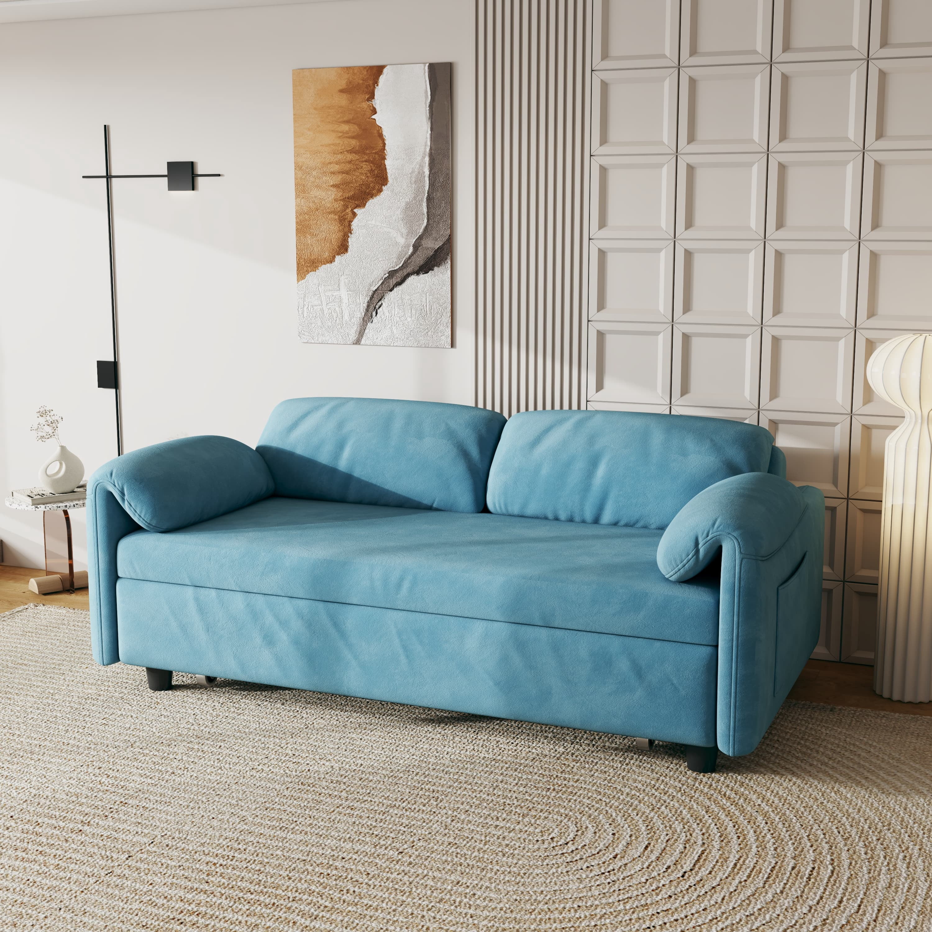 MAYEERTY 54" Velvet Convertible Sofa Bed, Pull Out Couch Beds Loveseat for Apartment, Living Room, Small Space, Blue