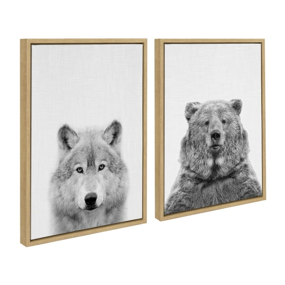 Kate and Laurel Sylvie Wolf and Bear European Framed Canvas Wall Art Set by Simon Te of Tai Prints, 2 piece 18x24 Natural, Modern Nature Animals Art for Wall Home Decor