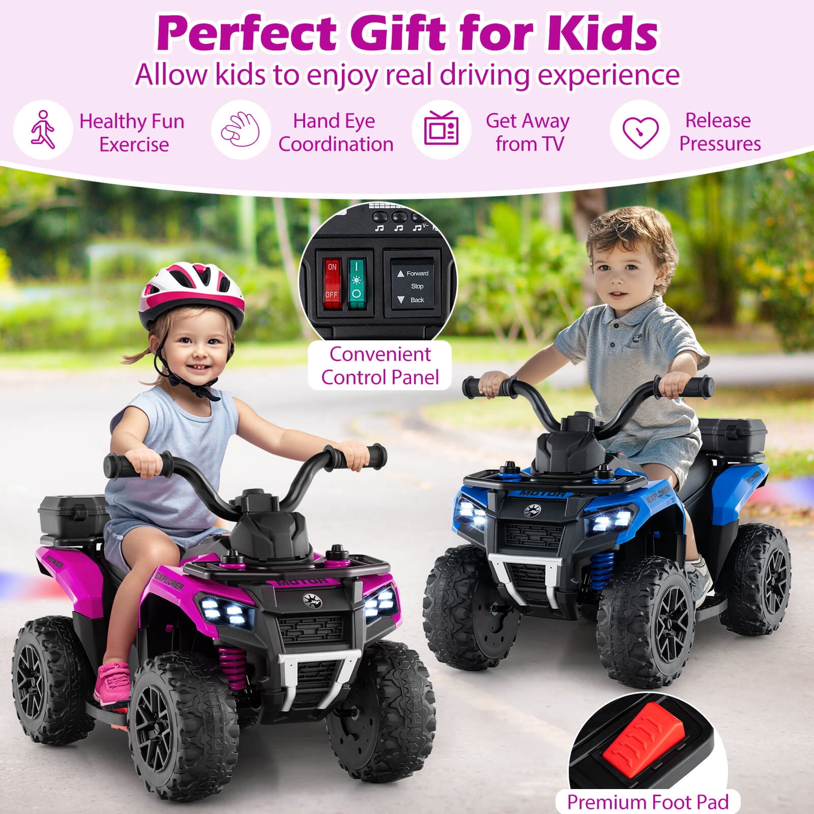 Infans 6V Kids Ride On ATV w/ Music & Spray Function USB Port Storage Box Toy Car