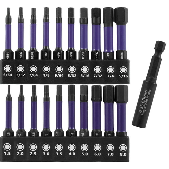 FUYGRCJ 20Pcs Impact Hex Head Allen Wrench Drill Bit Set SAE and Metric S2 Alloy Steel Hex Bit Kit Magnetic 1/4inch Quick Release Hex Shank Screw Driver Drill Bit for Home Repair