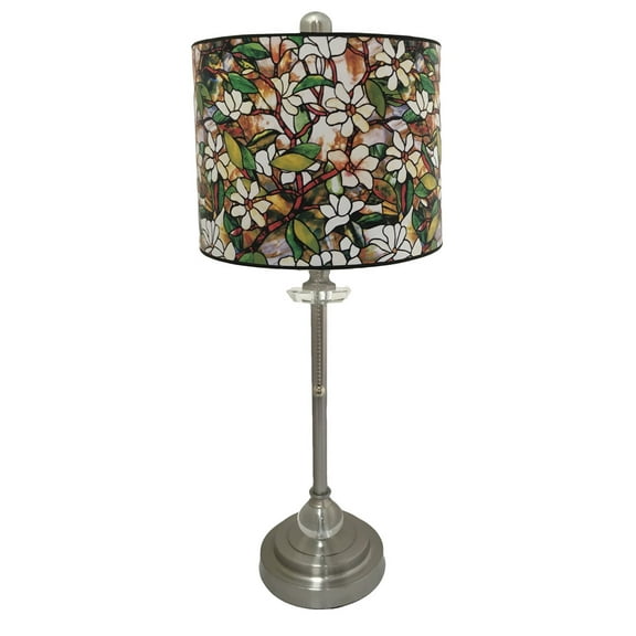 Royal Designs 28" Crystal and Brushed Nickel Buffet Lamp with Magnolia Stained Glass Design Hard Back Lamp Shade
