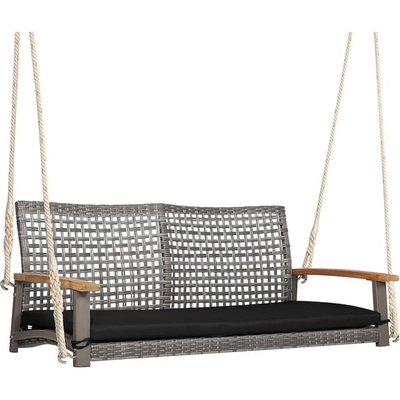 HJTER 2-Seater Outdoor Porch Swing - Patio PE Rattan Hanging Swing Bench with Seat Cushion and Strong Hanging Ropes, Wicker Swing Loveseat Bench for Porch, Backyard, Garden, 800 lbs (Black)