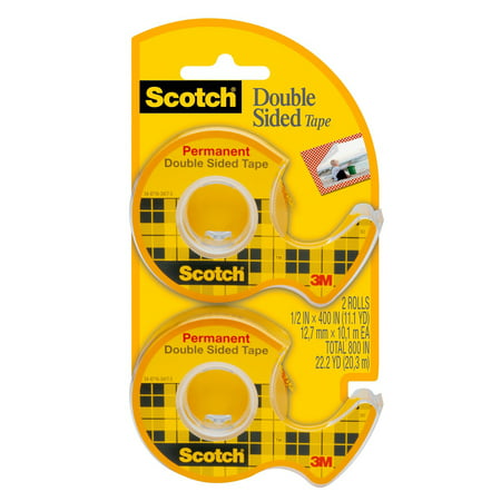 Scotch Double Sided Tape Dispensers, Permanent, Clear, 1/2 in. x 400 in., 2 Dispensers per