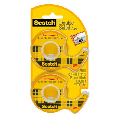 - Scotch Double Sided Tape Dispensers, Permanent, Clear, 1/2 in. x 400 in., 2 Dispensers per Pack