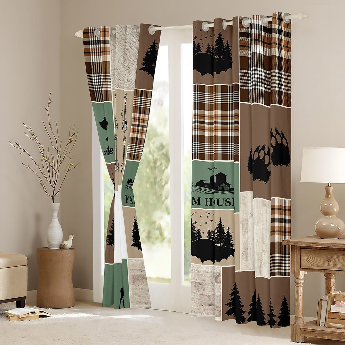 YST Farmhouse Deer Curtains & Drapes, Retro Country Animal Blackout Curtains 52"Wx63"L 2 Panels,Rustic Cabin Lodge Curtains Plaid Arrows Adventure Patchwork Window Curtains, Brown Green