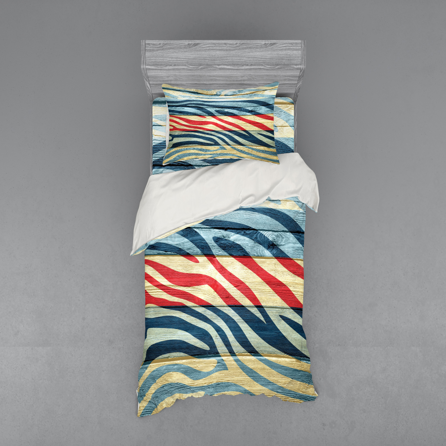 Zebra Print Duvet Cover Set, Art Colored Zebra Print on a Wooden Rustic