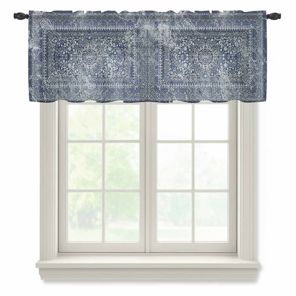 Boho Blue Valance Curtains for Kitchen/Living Room/Bathroom/Bedroom Window, Rod Pocket Small Topper Half Short Window Curtains Voile Sheer Scarf, Vintage Ethnic Modern Geometric Abstract 54"x18"