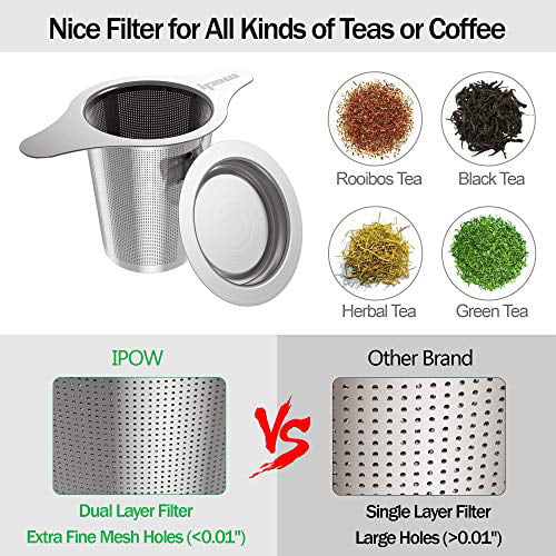 Mugs Cups to steep Loose Leaf Tea and Coffee TI-032B IPOW Upgraded FDA Approved 18/8 Stainless Steel Tea and Coffee Infuser Fine Mesh Filters Tea Strainer Steeper Double Handles for Hanging on Teapots