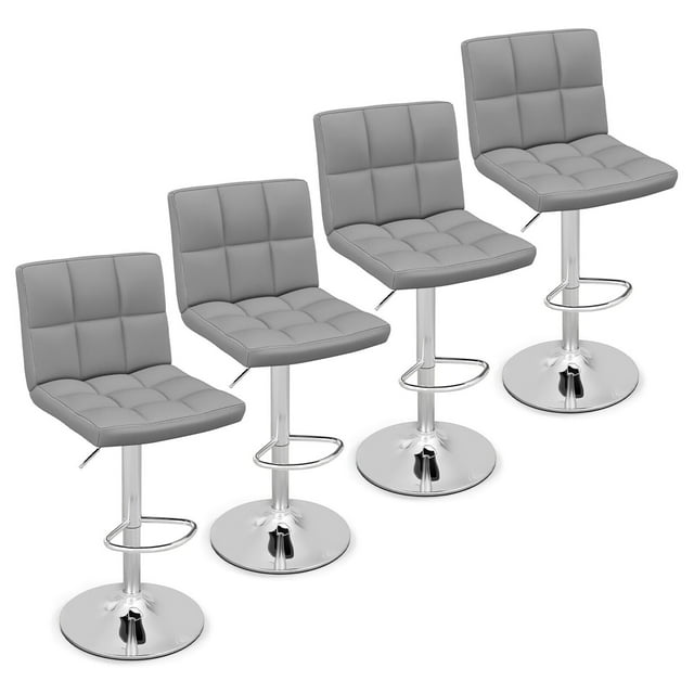 Gymax Set of 4 Adjustable Swivel Bar Stool Counter Height Bar Chair PU Leather Grey
