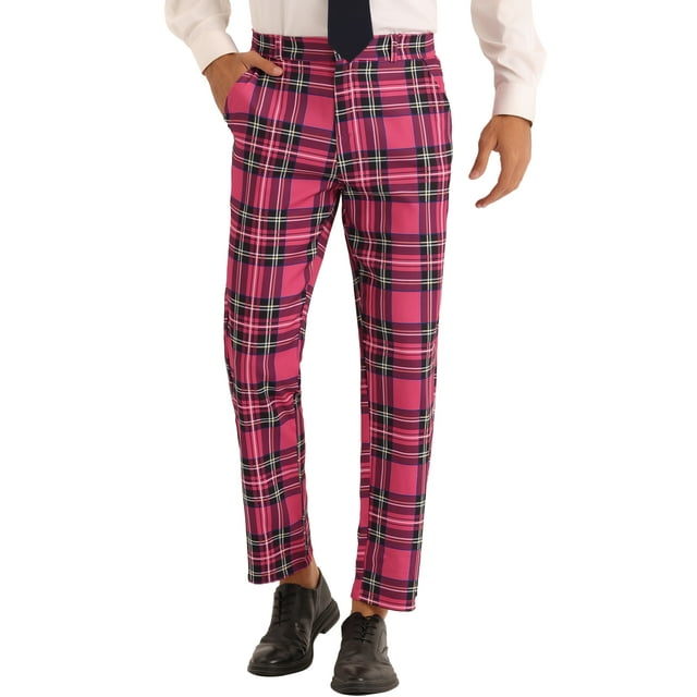 INSPIRE CHIC Pantalon Habillé à Carreaux Édition pour Homme Coupe Ajustée Jambe Droite Formel Tartan Imprimé 36 Rouge Rose