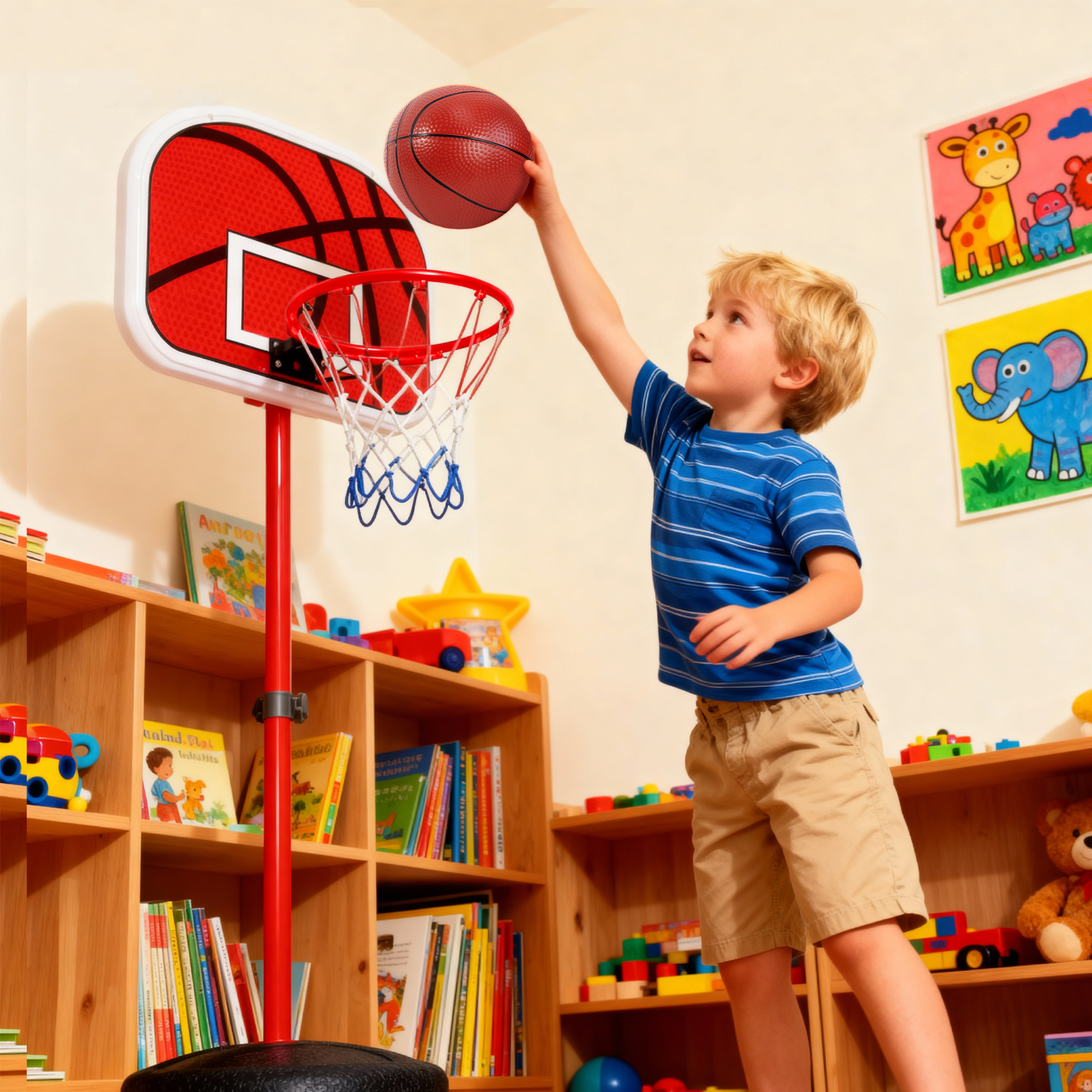 SaveJoy Kids Basketball Hoop with Stand, Adjustable Height Hoop for Age 2-5-8, Height 3.45-5.87 ft, Kids Outdoor Toys