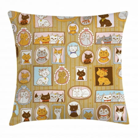 Cat Family Portrait Christmas Cat Throw Pillow Cushion Cover, Family Tree of A Kitty with Portraits Domestic Feline Characters Gallery Humor Design, Decorative Square Accent Pillow Case, 16 X 16 Inches, Multicolor, by Ambesonne ()